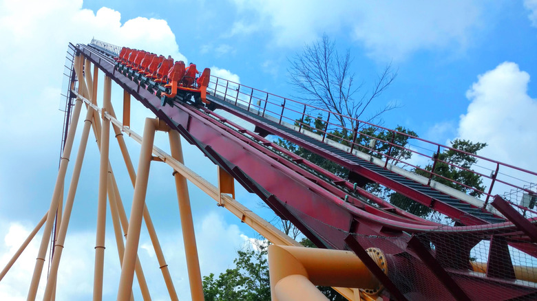 Riders approaching the top of a King Island roller coaster