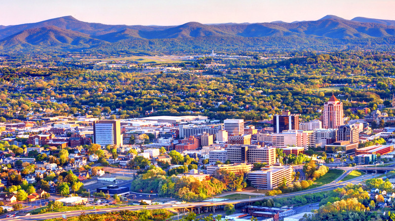 Overhead view of Roanoke, Virginia against Blue Ridge mountains