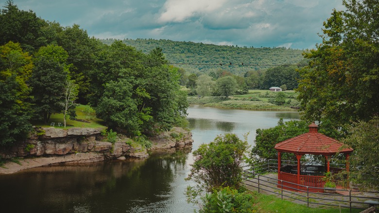 The view from a rocky cliff overlooking the Delaware River through Narrowsburg, NY