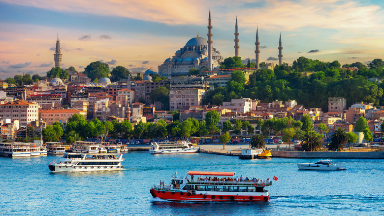 A view of Istanbul, Turkey from the river at sunset