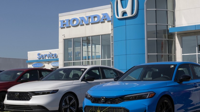 White Honda dealership building with blue accents with a row of Honda cars parked in front