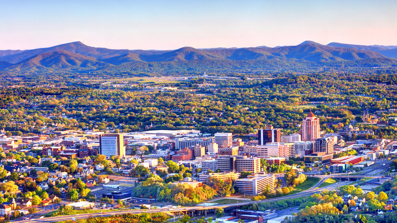 Overhead view of Roanoke, Virginia against Blue Ridge mountains