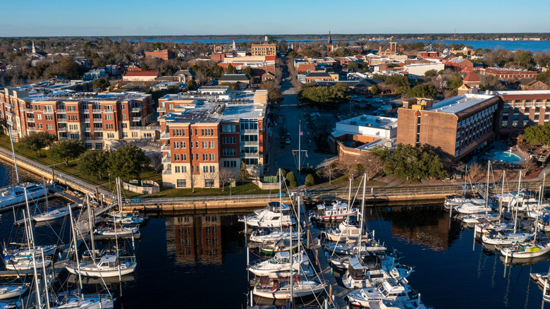 Aerial view of New Bern, North Carolina harbor and brick buildings