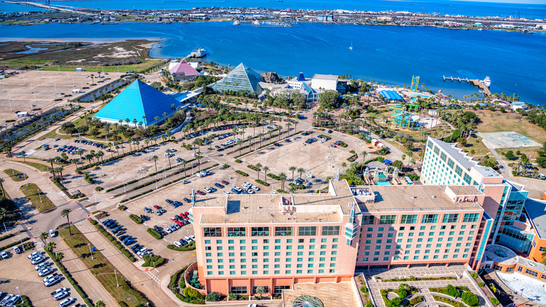 A drone image over Galveston, Texas, with Moody Gardens and the Gulf in view.