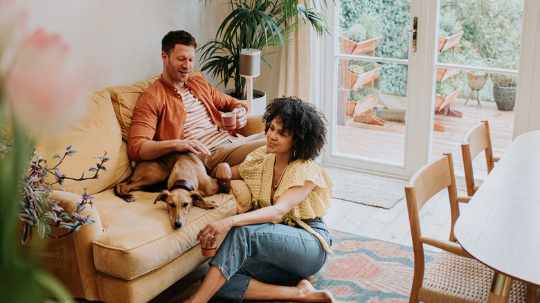 A young couple relax together in a stylish living room.