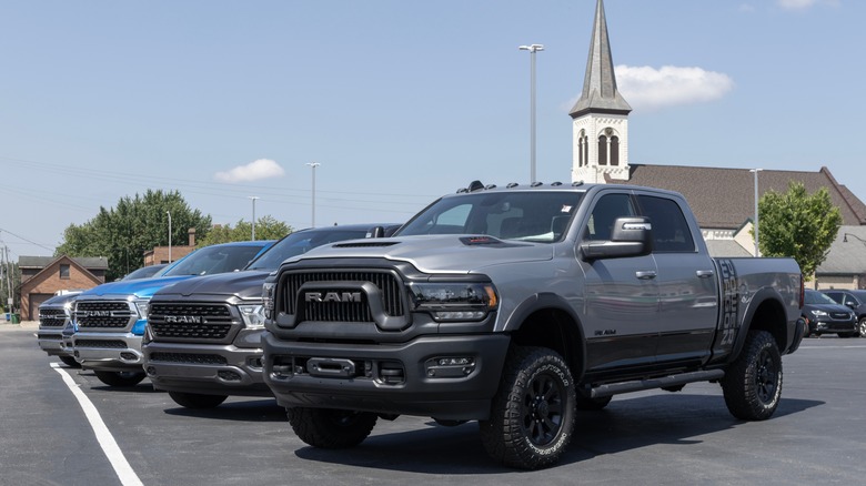 Ram 2500 and 1500 pickup truck display at a dealership