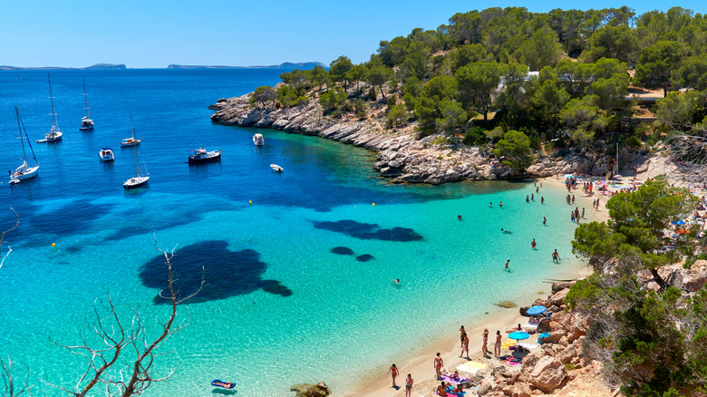 People enjoying vacations in the Cala Salada lagoon. Idyllic scenery. Ibiza, Balearic Islands. Spain