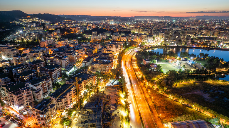 Aerial view of Tirana, Albania at night
