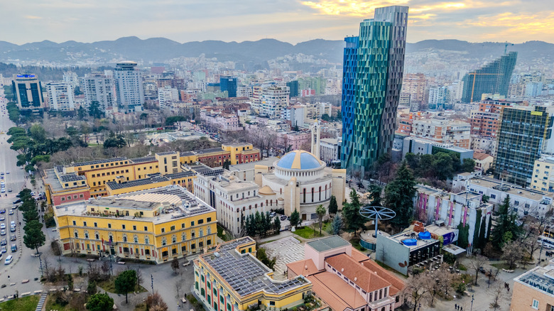 Aerial drone view of buildings downtown Tirana, Albania