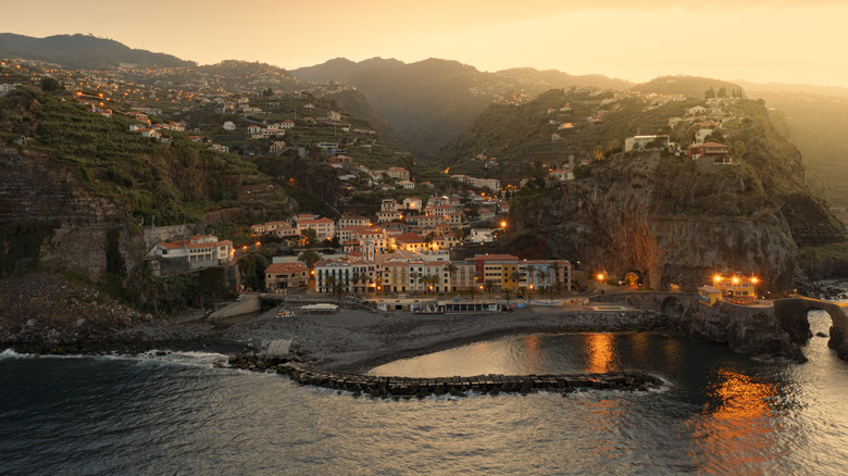 Aerial view of Ponta do Sol seaside town at sunset, Atlantic Ocean, Madeira island, Portugal
