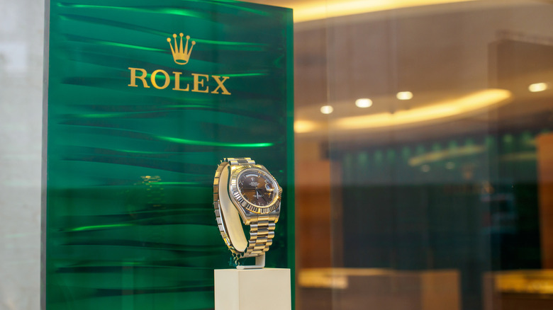 Rolex Oyster Perpetual Day-Date white gold timepiece on window display