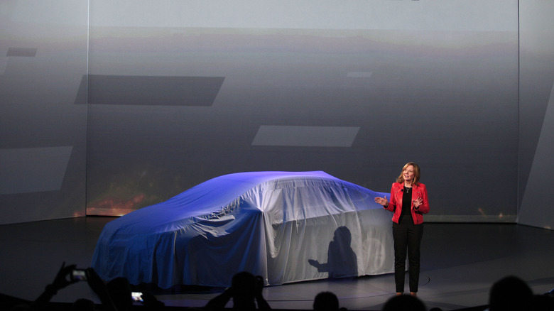 General Motors CEO Mary Barra reveals the new GM 2016 Chevrolet Cruze at The Filmore Detroit