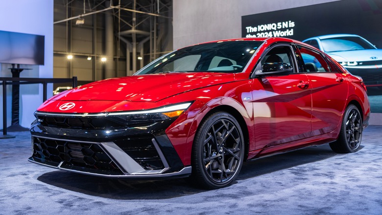 Hyundai Elantra N Line sportscar red car at New York International Auto Show, corner view