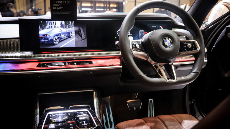 Interior of a 2024 BMW 7 Series on display in Indonesia.