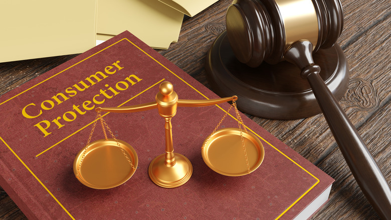 Red book entitled Consumer Protection with a scale on top of it and a gavel to the right.