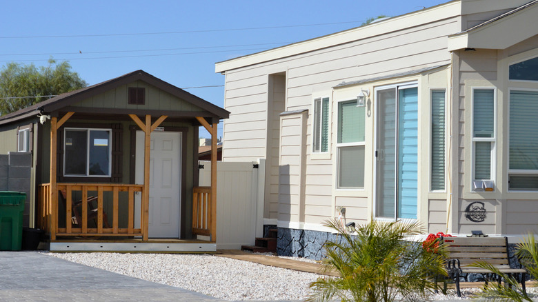 A tiny home in the yard behind a full house.