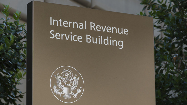 A sign is displayed outside of the Internal Revenue Service (IRS) Building on June 7, 2025 in Washington, DC