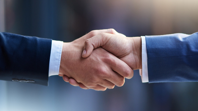 A handshake between two people wearing business suits, in front of a blurred background