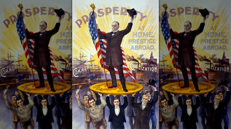 1900 color campaign drawing of President William McKinley with the words "Prosperity at home, prestige abroad."