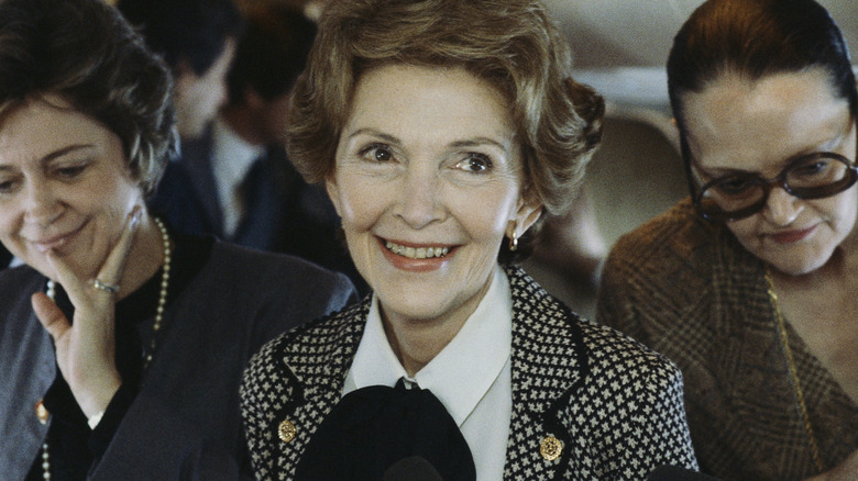 Color photo of First Lady Nancy Reagan being interviewed