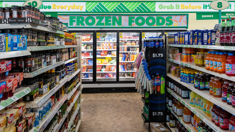 Dollar Tree shelves stocked with various food items