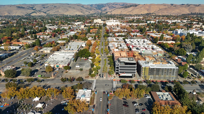 Aerial view of central Fremont during Autumn, featuring new housing construction and beautiful trees