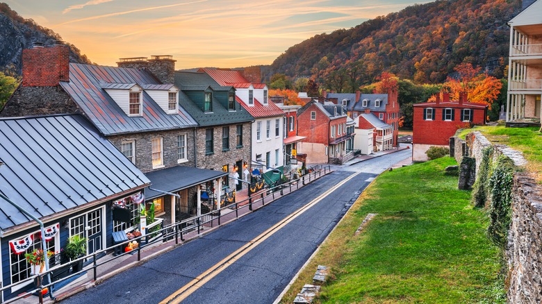 A scenic shot of houses and storefronts in Harpers Ferry, West Virginia