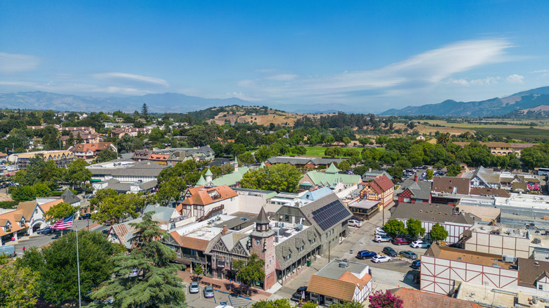 View of Solvang, California, with mountain range in the background