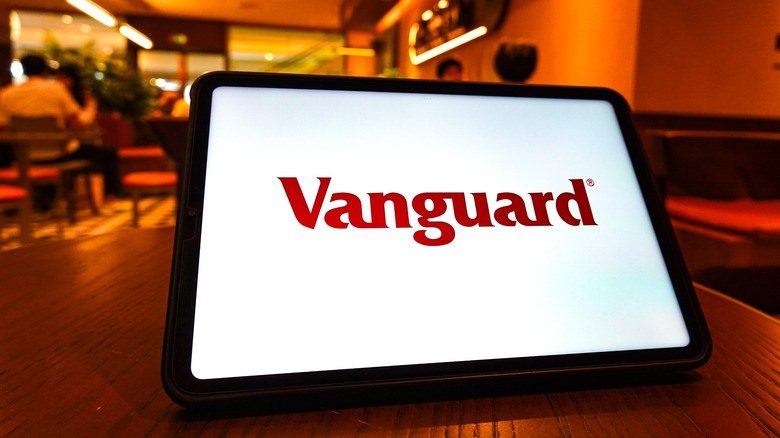 Close up of tablet-sized screen with Vanguard written on it