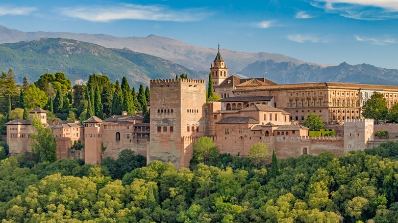 Panoramic view of the Alhambra fortress and palace complex in Granada, Spain.