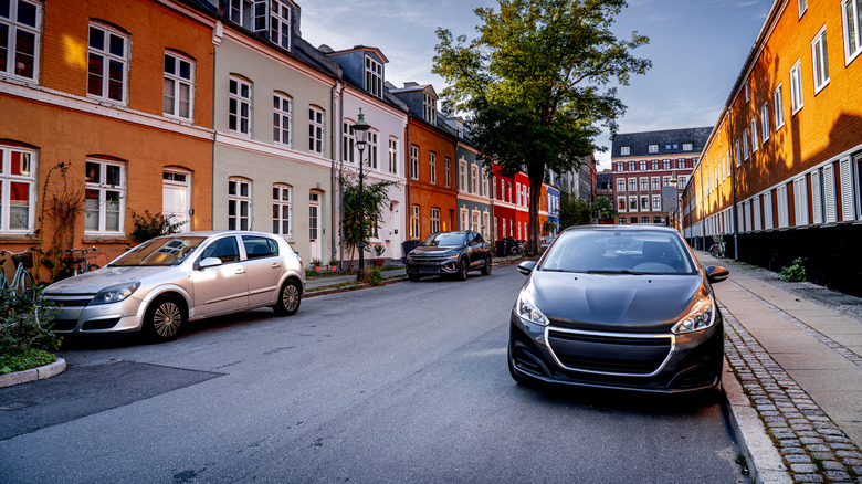 cars on European city street