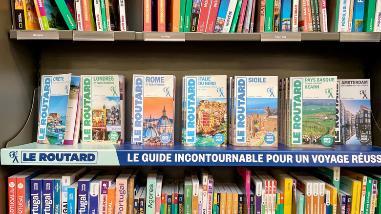 European guidebooks on display in a store