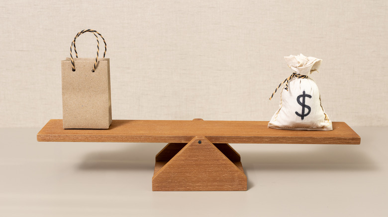 shopping bag and money bag on ends of a scale