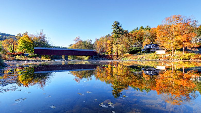 A gorgeous autumnal scene of the West Cornwall bridge in Litchfield Hills, CT.