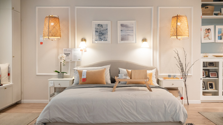 Cozy Scandinavien style bedroom interior design in IKEA show room.