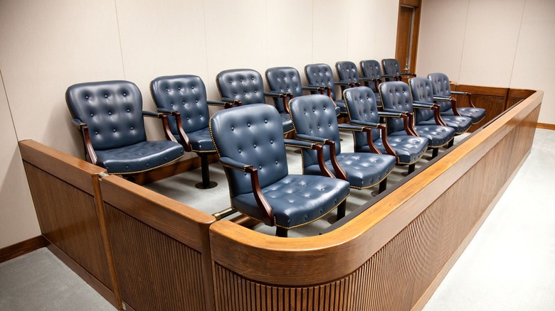 A united states federal courtroom jury box of 14 jury seats.