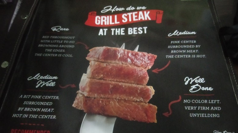 A restaurant menu showing grilled steak doneness levels from rare to well done, with visual examples and descriptions.