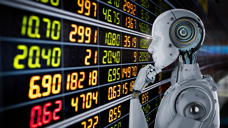 a robot looking at stock data
