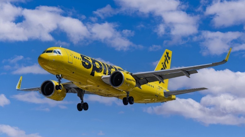 A Spirit Airlines Airbus in flight under blue skies and clouds when the airline was still operating.
