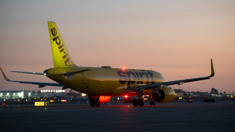 A Spirit Airlines plane taxiing at an airport just after sunset.