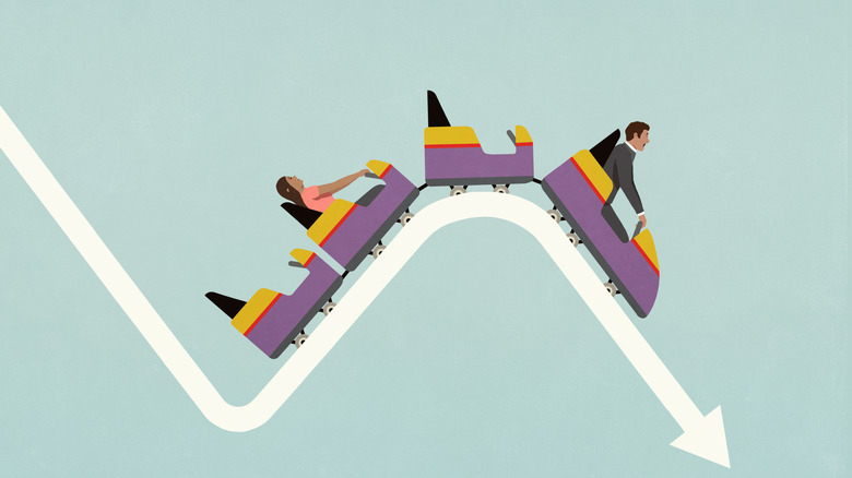 stock chart and rollercoaster cart riding its curves