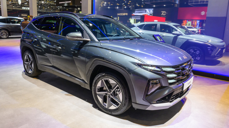 A grey Hyundai Tucson compact crossover SUV on display.