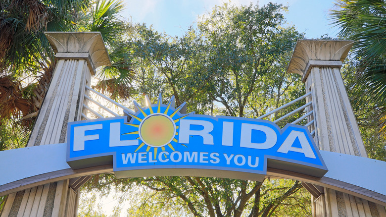 Florida welcome sign and canopy of trees