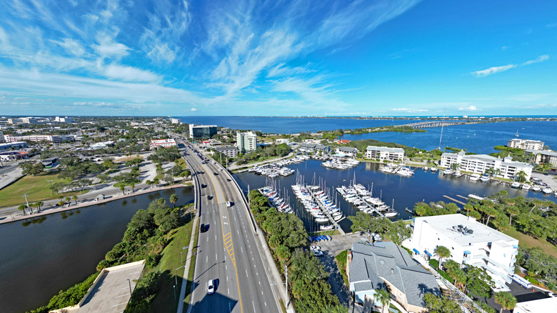 view of blue skies and boat marina