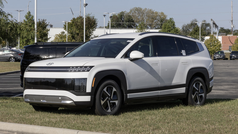 Hyundai IONIQ 9 Three-Row Electric SUV display parked on the lawn.