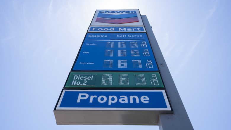 Closeup of the gas price sign seen at a Chevron gas station in Los Angeles, California.
