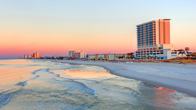 Beach and cityline at sunset in Panama City