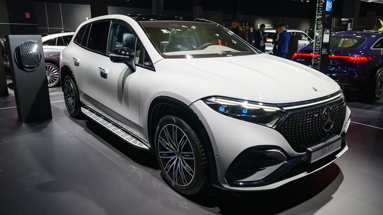Mercedes-Benz EQS SUV battery electric full-size crossover luxury suv car on display at the AutoSalon