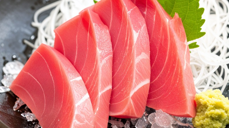 Bluefin tuna on plate with garnishes
