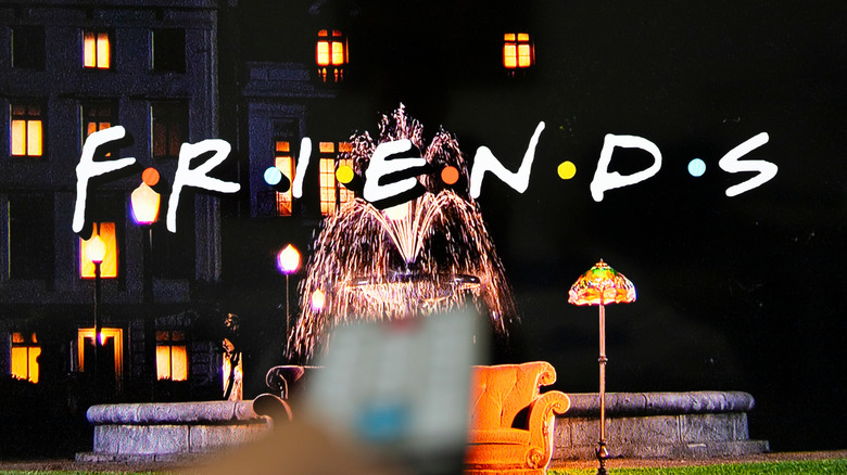 Shot of the word "Friends" written in bold cursive in front of a fountain